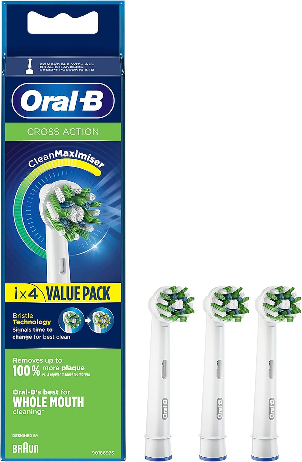 Oral-B CrossAction Replacement Heads with CleanMaximiser Technology, Green, Pack of 4