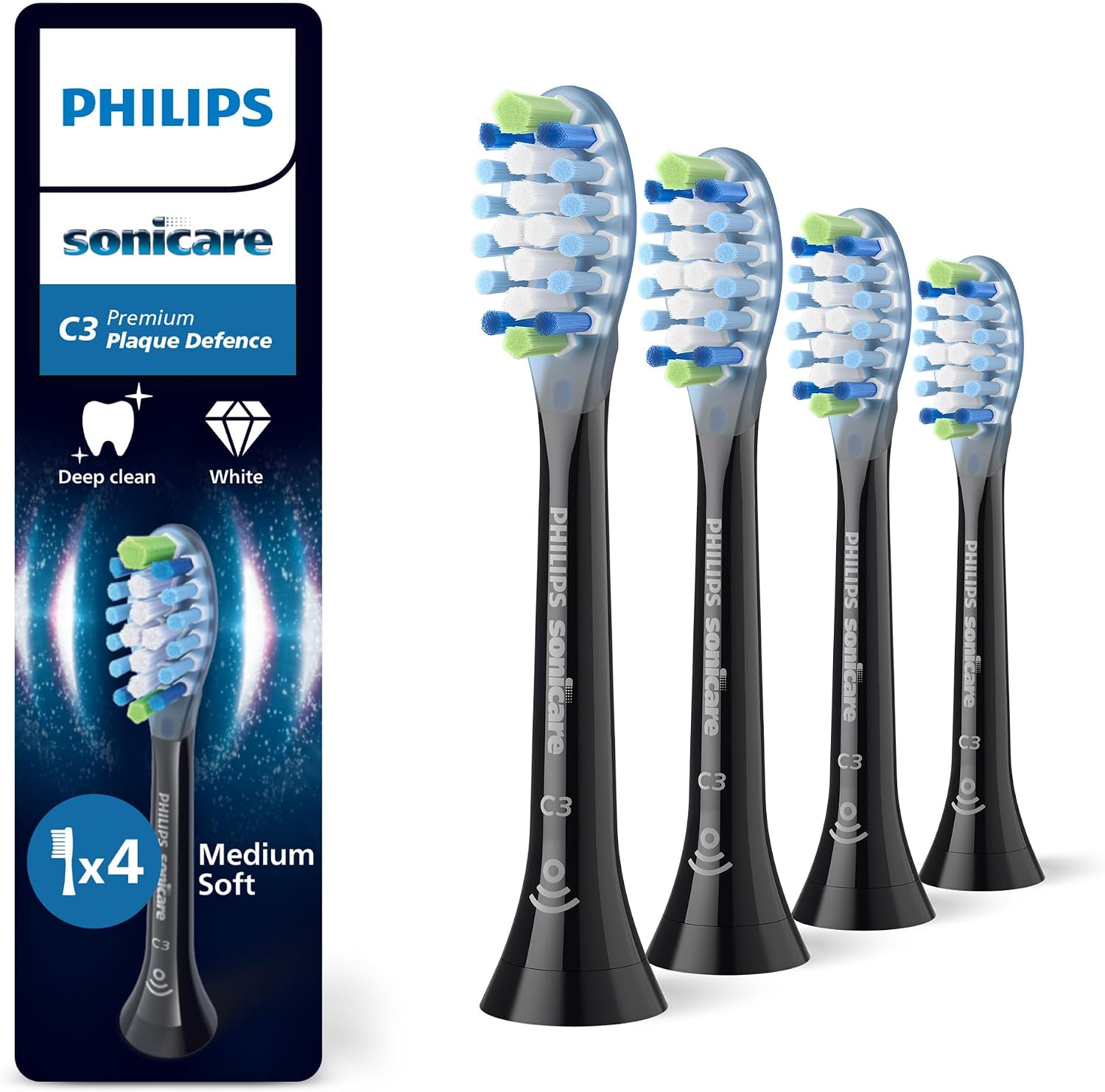 Philips Sonicare C3 Premium Plaque Defense, Original Ersatzbürstenköpfe, Schwarz, 4er-Pack, HX9044/88